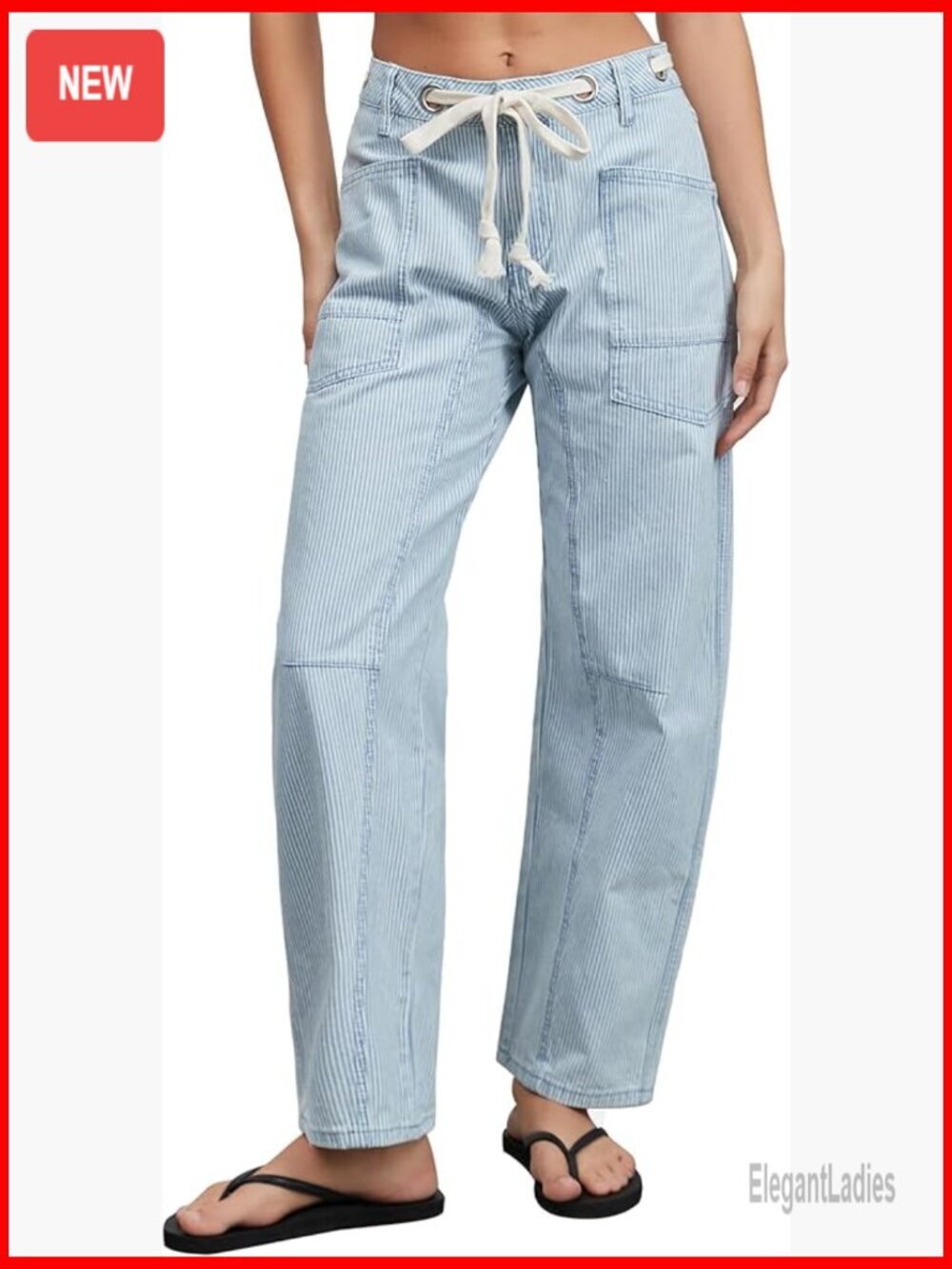 Striped Barrel Jeans Mid Rise Wide Leg Drawstring Casual Y2K Boyfriend Fit